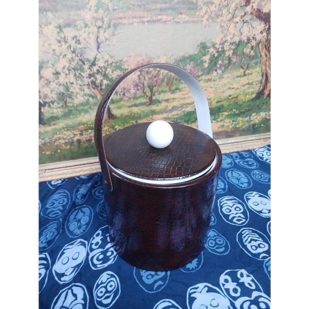 Vintage Ice Bucket Faux Lizard Print Brown White